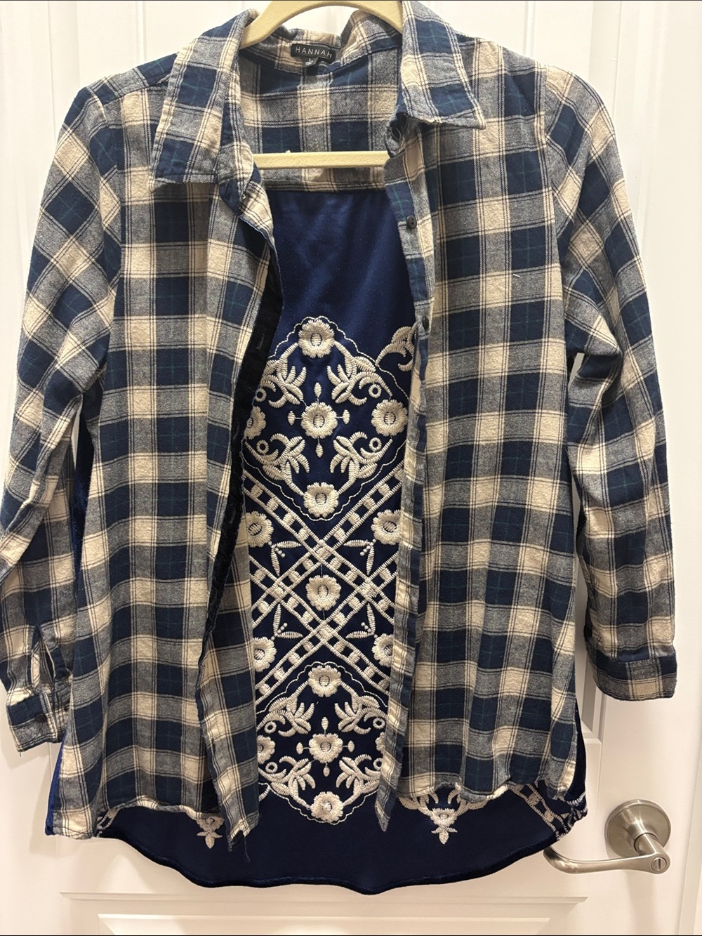 Hannah Plaid Velvet Embroidered Mixed Media Shirt Tunic Blue Size Large
